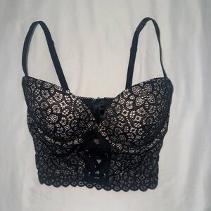 Victoria's Secret Black Lace Longline Bralette with Lace-Up Front